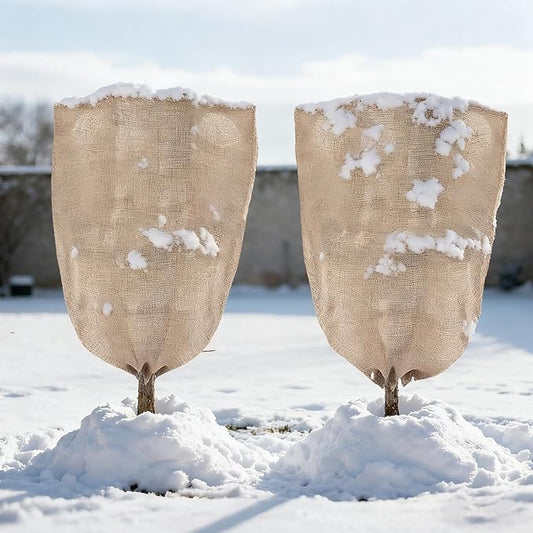 ANPHSIN Burlap Plant Covers Freeze Protection for Patio Winterizing - 2pcs 32"×40" Winter Frost Protector with Drawstring, Reusable Tree Freeze Blanket for Garden Bushes