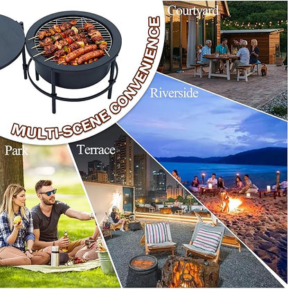 Fire Pits for Outside Wood Burning, Extra Large Outdoor Fire Pit with Grill and Roating Table, Cold Finished Steel Round Firepit Bowl with Poker and Round Waterproof Cover for Patio, Backyard, Garden