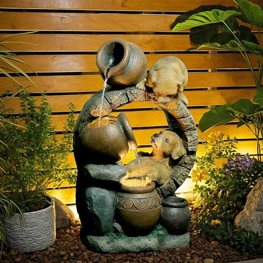 29''H Outdoor Garden Water Fountain,3 Tier Cascading Bowls Dog Waterfall Fountain with Lights for Garden, Patio, Backyard, Deck, Porch and Home Art Decor