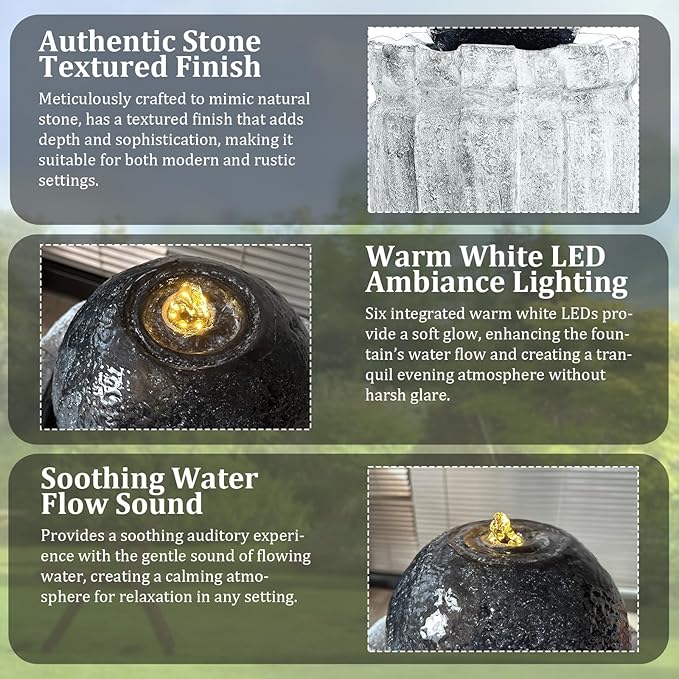 Modern Ball Fountains Outdoor Indoor Cast Stone Sphere Zen Fountain with LED Lights Round Water Features Decor for Garden Patio Living Room Office Black and White 25.6” High