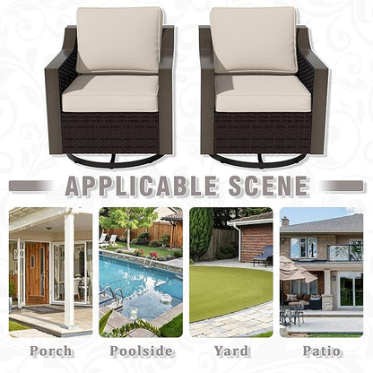 Outdoor Wicker Swivel Chair Set of 2, All-Weather Use Patio Rattan Chair with Removable Water-Resistant Cushion, Ideal for Porch, Backyard, Balcony, Poolside, Beige