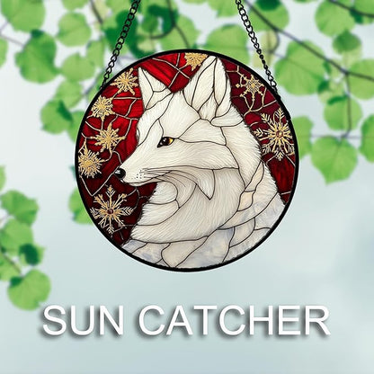 Stained Glass Window Hanging 4 Pcs Set Red Golden Snowflakes 6.3" - Christmas Elk Rabbit Suncatcher Door Garden Sun Catcher Decor Birthday for Mom Woman Nana Men