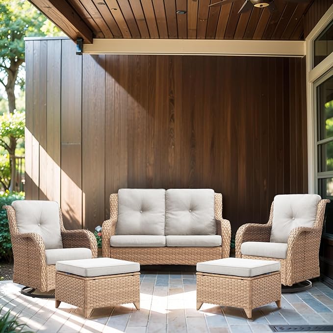 Swivel Patio Conversation Sets ：5 Piece Outdoor Patio Furniture with Swivel Chairs Wicker Furniture Set with Loveseat and Ottoman