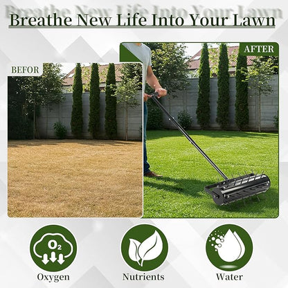 VINGLI Rolling Lawn Aerator with T-Shaped Handle, 17 inch Manual Aerator Tool, Lawn Aerator Spike Tool with 36 Spikes for Garden Yard Soil Health Maintaining, Black