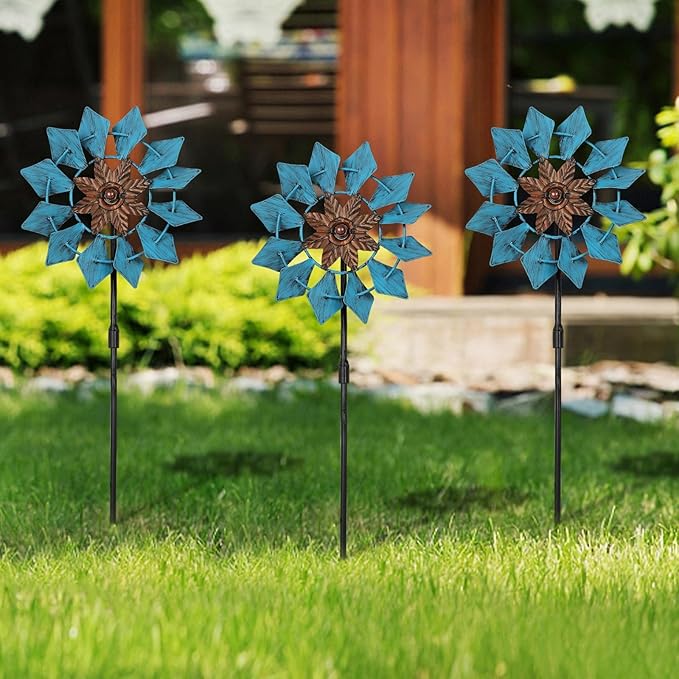 3 Pack Wind Spinners with Metal Stake, 16.3 Inches Yard Garden Sculptures for Outdoor Spring Decoration Lawn Patio Wind Catcher Windmill (Blue Flower)