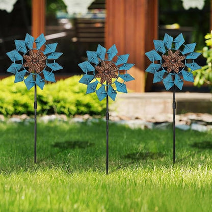 3 Pack Wind Spinners with Metal Stake, 16.3 Inches Yard Garden Sculptures for Outdoor Spring Decoration Lawn Patio Wind Catcher Windmill (Blue Flower)