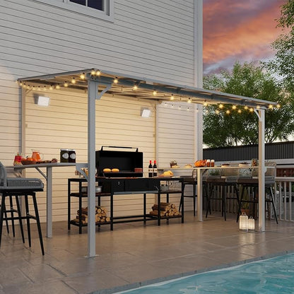 MEISSALIVVE 10' x 10' Wall Mounted Gazebo, Outdoor BBQ Grill Gazebo with Side Shelf, Lean to Metal Awnings with Sloped Roof, Heavy Duty Pergola for Backyard, Deck, White