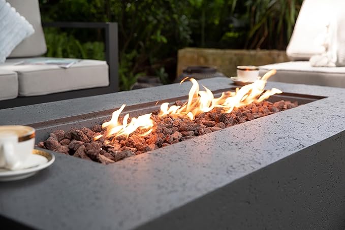 AMS Creations | Madison 60" Rectangular Natural Gas Outdoor Fire Pit Table | Dark Gray Concrete GFRC | Limestone Texture or Surface | Electronic Ignition | Outside Backyard Fireplace