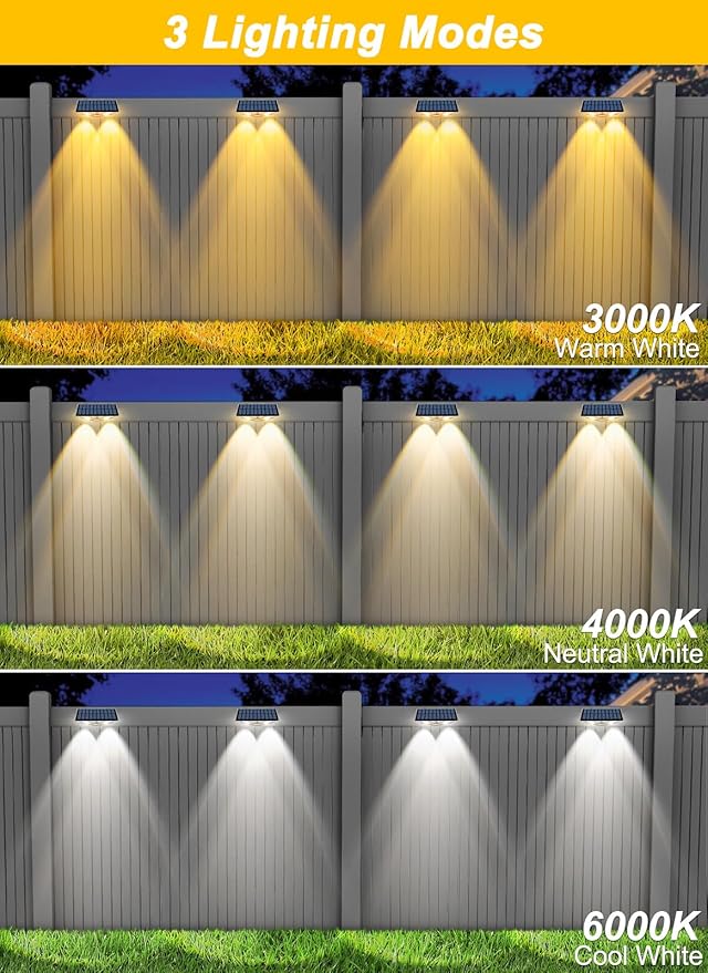 Solar Fence Lights Outdoor - 3000K/4000K/6000K 3 Color Modes, IP65 Waterproof Fence Lights Solar Powered Outdoor, Solar Powered Wall Light for Outside Porch Step Wall Stair Patio Yard (12 Pack)