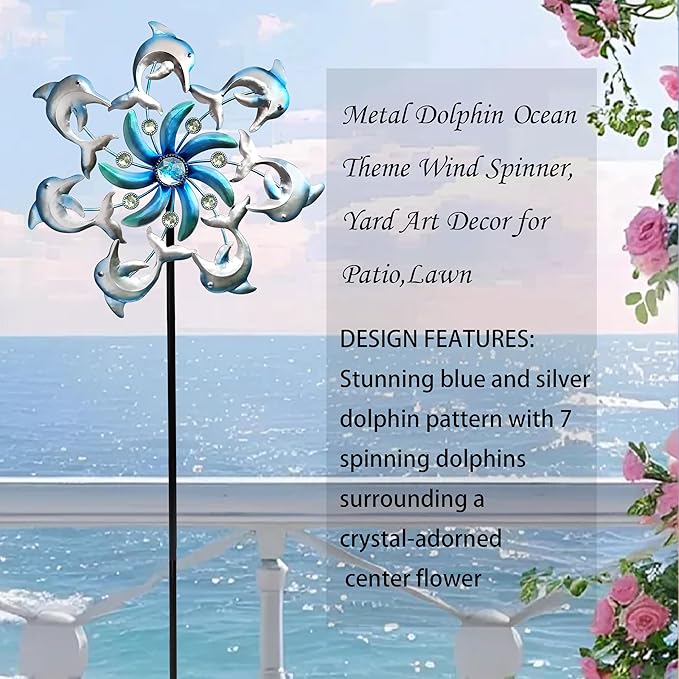 Dolphin Wind Spinners Garden Stake, 39" Metal Dolphins Wind Spinner Outdoor Decorations- Outside Lawn Stake Wind Sculptures for Yard Patio,Lawn & Garden Art Decor