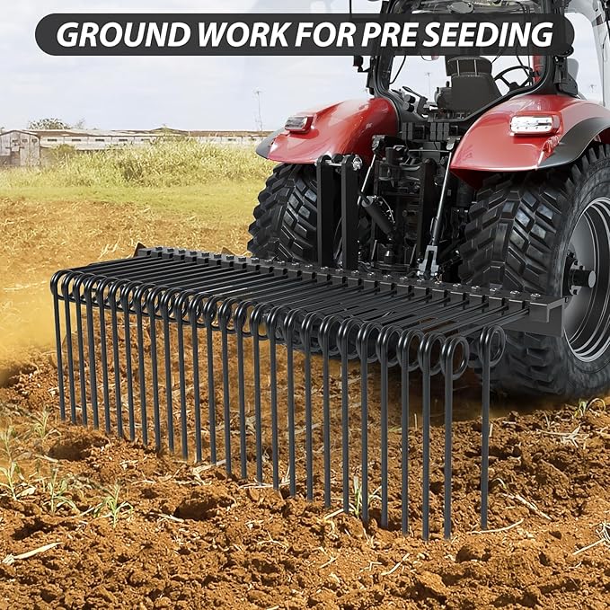 72" Durable Powder Coated Steel Pine Straw Rake, Steel Spring Landscape Rake for Leaves, Pine Needles, Straw, and Grass Attaches to Cat 0 Cat 1,3 Point Hitch Tractor, Black
