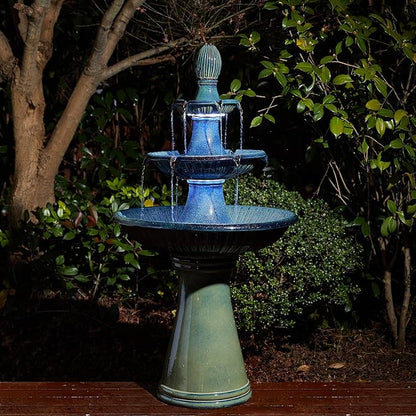 Glitzhome Outdoor Fountain 3 Tier Waterfalls, 45.25" H Ceramic Water Fountain with Pump & LED Light Oversized Indoor Outdoor Floor-Standing Fountains Garden for Patio Backyard Deck Lawn, Turquoise