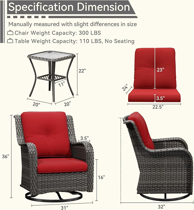 3 Pieces Outdoor Furniture Set - Patio Wicker Swivel Rocker Chair Set of 2 and 1 Side Table, Red, Mixed Brown Rattan, Suitable for Porch, Yard