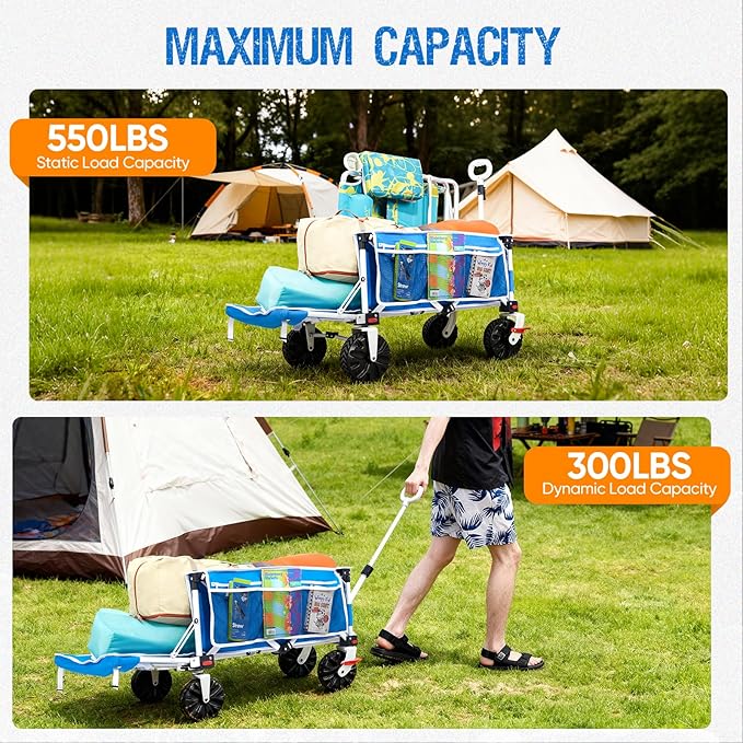 Old Bahama Bay 550lbs Extra Long 49" L Beach Wagon with Big Wheels with Brake for Sand, Collapsible Utility Beach Cart Heavy Duty Folding Wagon,Ideal for Outdoor Sand Camping Garden Pet