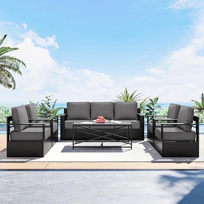 Outdoor Patio Furniture Set, 6-Piece Aluminum Patio Conversation Set All-Weather Metal Outdoor Sectional with 6 Inch Thick Cushions, Deep Setting for Garden, Outside and Porch