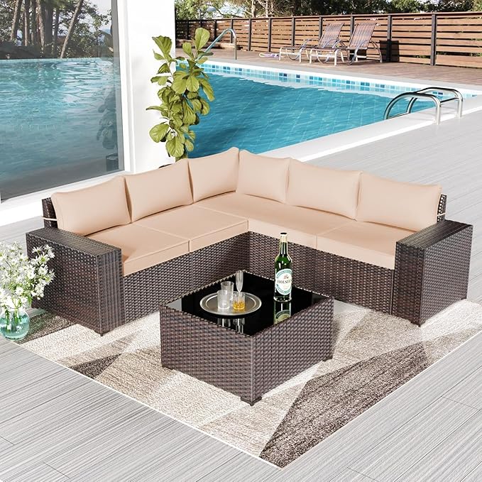 Outdoor Patio Furniture Set, 6 Pieces Outdoor Furniture All Weather Patio Sectional Sofa PE Wicker Modular Conversation Sets with Coffee Table,5 Chairs & Seat Clips Brown