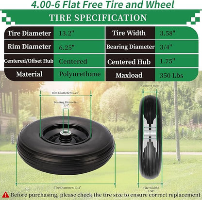 RRQ 4.00-6 Flat Free Tire and Wheel, 13" Solid Wheelbarrow Tire with 1.75" Centered Hub and 3/4" Bearings(Come with 5/8" ID Iron Tube Adapter), for Garden Cart, Trolley, Wheelbarrow Wheel Replacement
