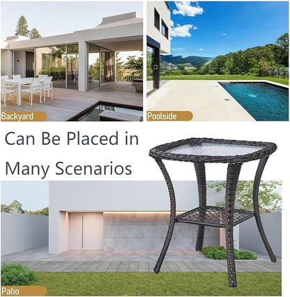 Outdoor Side Table, Brown Rattan Wicker Patio Side Table, Patio End Table, Small Outdoor Side Table with Glass Tabletop and Storage Shelf (Brown)