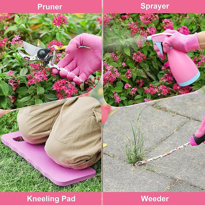 Housolution Gardening Tools Set, 10 PCS Stainless Steel Heavy-Duty with Non-slip Soft Rubber Handle with Large Garden Bag, Floral Pattern Gardening Tool Set Gifts for Women Birthday Mother's Day, Pink