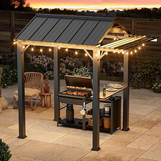 Grill Gazebo 6' x 8' with Galvanized Steel Roof and Pergola Extension, BBQ Gazebo with UV Blocking & Waterproof Design, Grill Canopy with Shelves, Rust-Resistant, 4-Season Use