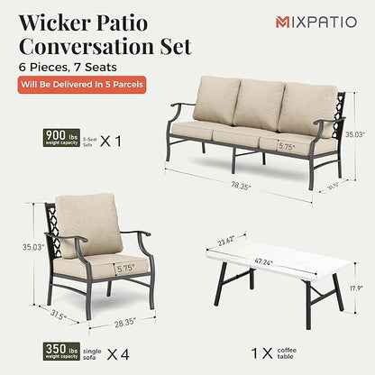 Patio Furniture Set 6 pcs, Outdoor Patio Furniture, 3-Seat Sofa, 4 X Single Chairs, 1 X Coffee Table and 5.75" Extra Thick Cushion, Patio Conversation Set,Beige