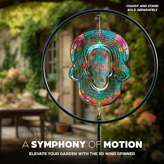 Skylar 3D Color Gradient Calavera Skull Wind Spinner, 12-Inch Day of The Dead Wind Spinners Outdoor Clearance, Kinetic Stainless Steel Decor for Patio and Home, Powered by Air