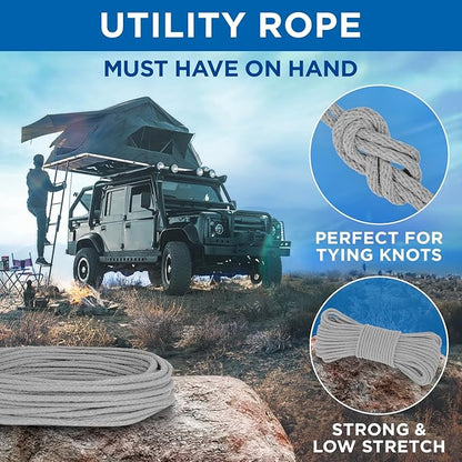 TECEUM Cotton Rope 3/16” (5 mm) – 50 FT – Strong All-Purpose Braided Rope – Natural Cotton – for Crafting, Сamping, Clothes Line, DIY, Indoor & Outdoor Use – Light Gray