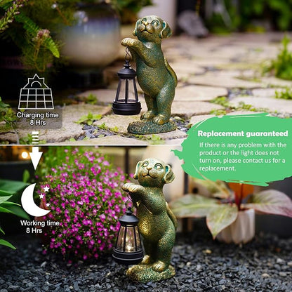 Dog Statue with Solar Lantern - 9.84 Inch Resin Solar Outdoor Lawn Yard Garden Decor - Unique Design Gifts for Women Mom Men (Copper)