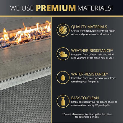 Outdoor Patio Furniture Set With Propane Fire Pit 50,000 Btu 7 Pieces 76" Dining Table Rattan Swivel Chairs Include Cushions Lid And Weather Cover Csa Certified for Garden Backyard Conversations Grey