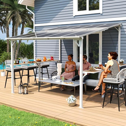 MEISSALIVVE 10' x 10' Wall Mounted Gazebo, Outdoor BBQ Grill Gazebo with Side Shelf, Lean to Metal Awnings with Sloped Roof, Heavy Duty Pergola for Backyard, Deck, White