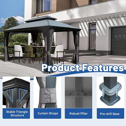 Outdoor Hardtop Gazebo for Patio 12x14FT with Resin-Galvanized Steel Roof, Metal Hard Top Gazebo with Gutters, Heavy Duty Gazebos All Season with Curtains & Netting, for Deck, Backyard, Hot Tub
