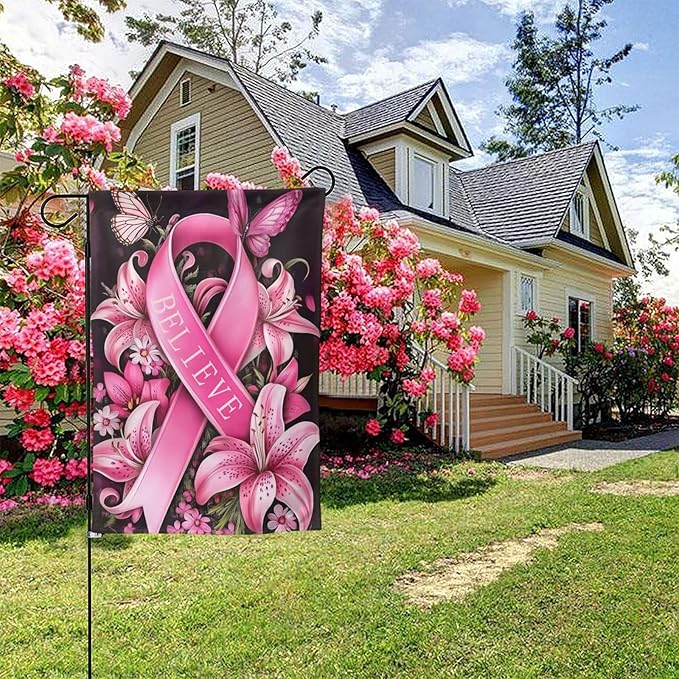 Breast Cancer Garden Flag Vertical Double Sided Outdoor Yard Flags 12.5x18 Inch Burlap Banners for House Lawn