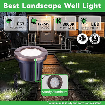 Ground Well Lights Kit, 12 Pack Landscape LED Low Voltage Inground Light and 200W Transformer and 250FT Cable and 40 Wire Connectors, Outdoor Waterproof IP67 Aluminum for Backyard Wall Lawn