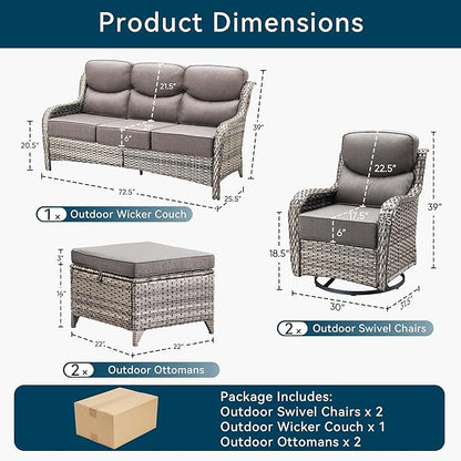 Luxury High Back Outdoor Furniture with 6-Inch Thick Cushions, Patio Furniture Set with Swivel Chairs, 5 PCS Wicker Conversation Set for Porch, Balcony, Deck and Yard