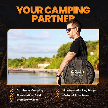 Slinky Stove Smokeless Fire Pit for Outdoor Wood-Burning - 23-Inch Patented Collapsible Firepit with Cooking Grill - Portable Stainless Steel Solo Pit for Camping, Backyard, Patio Bonfires