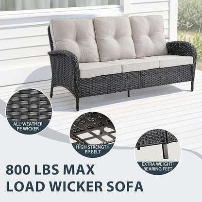 5 Piece Patio Furniture Set - Wicker Patio Conversation Set with Swivel Glider, 3 Seat Sofa, Tempered Glass Side Table and Coffee Table for Deck Backyard - Black Wicker Beige Cushion