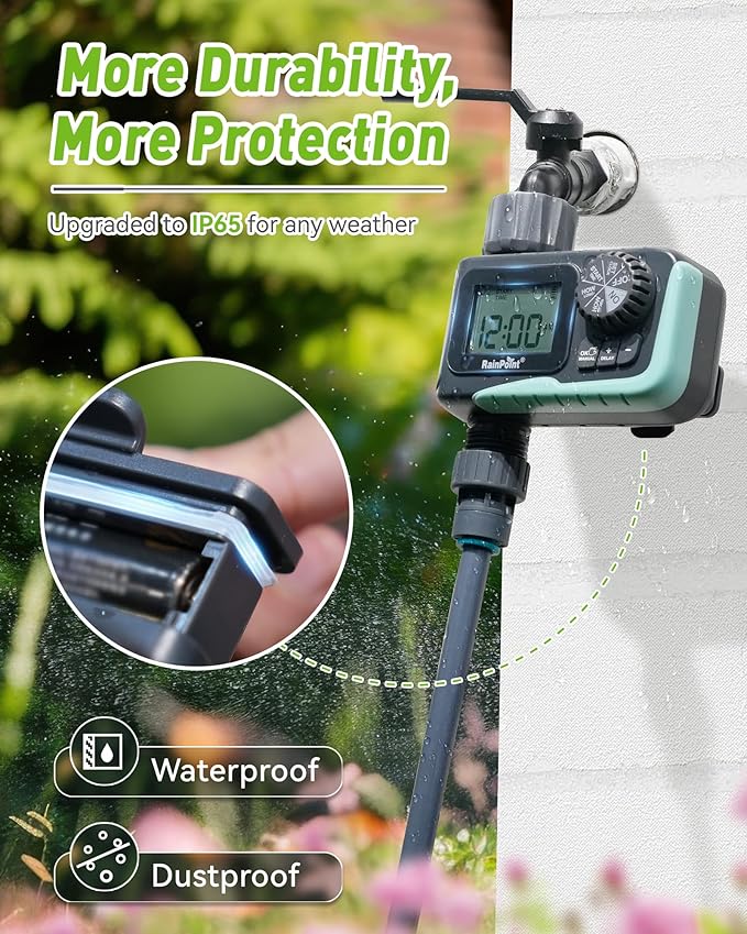 RAINPOINT Sprinkler Timer Outdoor, Water Timer for Garden Hose, Programmable Watering Irrigation Timer with Rain Delay/Manual, V2, 2024 Release(Plastic)