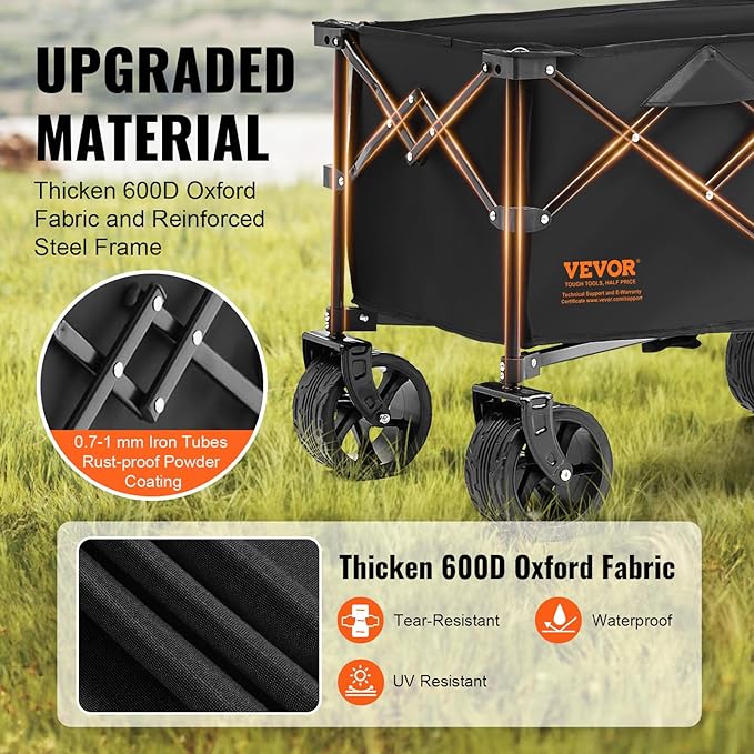 VEVOR 220L/350lbs Collapsible Folding Wagon, Heavy Duty Beach Cart Foldable with Big Wheels, Outdoor Utility Wagon All Terrain Wagon for Groceries Camping
