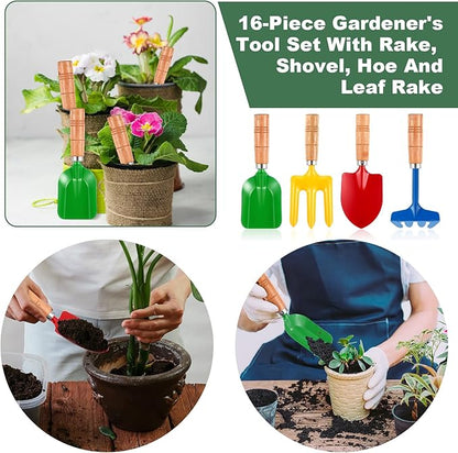 16 Pcs Gardening Tools Metal Garden Beach Sandbox Digging Including Shovel, Rake, Fork and Trowel, Garden Beach Sand Tools with Wooden Handle Hoe for Gift Outdoor Gardening