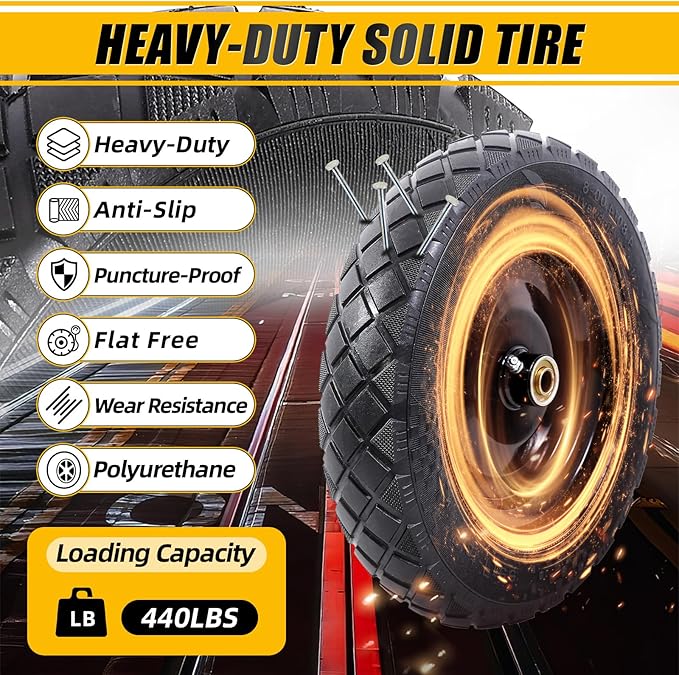 MZREXN 4.80/4.00-8" Flat Free Tire and Wheel, 15" Solid Wheelbarrow Tires, 3.00-4.00/4.80-8" with 5/8" & 3/4" Bearings, 3" Centered Hub for Hand Truck Garden Trailers Utility Cart Yard Wagon, Black