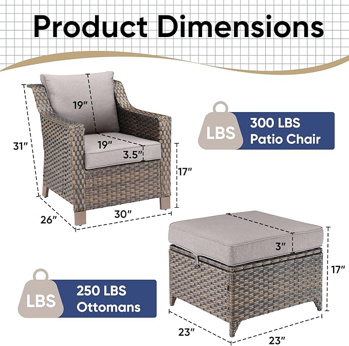 Outdoor Wicker Chair Patio Chairs-Rattan Wicker Chairs with Ottomans Patio Conversation Sets for Porch Garden Balcony Backyard Poolside-Brown/Grey
