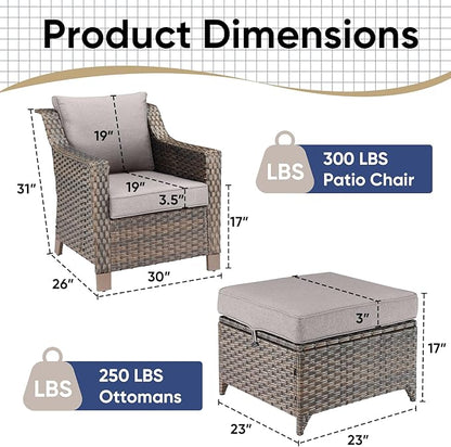 Outdoor Wicker Chair Patio Chairs-Rattan Wicker Chairs with Ottomans Patio Conversation Sets for Porch Garden Balcony Backyard Poolside-Brown/Grey