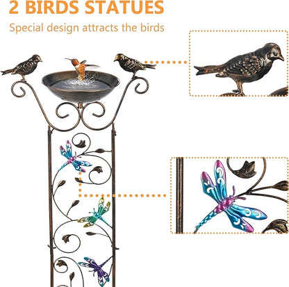 SUNNYPARK Bird Bath with Trellis Outdoor, Antique Garden Iron Plant Trellis with Decorative Dragonfly Detachable Bird Bath Bowl Metal Potted Plant Support for Climbing Flowers