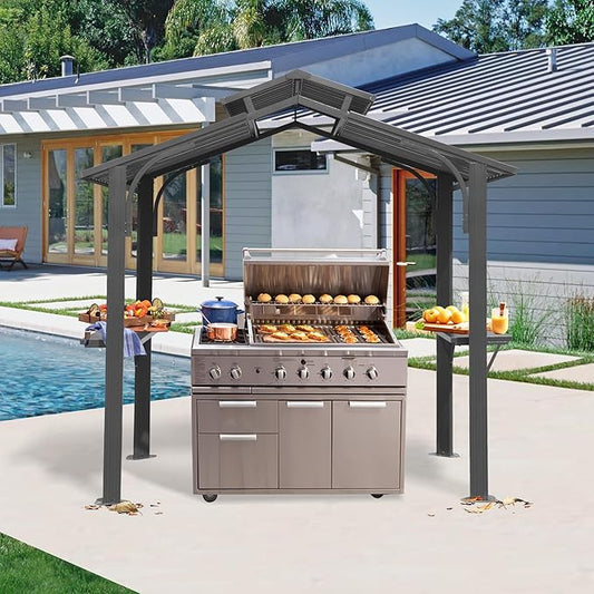 Domi 8x5FT Hardtop Grill Gazebo, Outdoor BBQ Gazebo with 2 Side Shelves and Ceiling Hook, Metal Grill Canopy with Galvanized Steel Double Roof for Patio Lawn Patio Backyard Deck, Grey