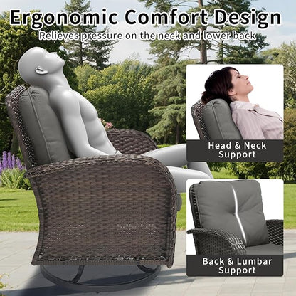 3 Pieces Patio Furniture Set, Outdoor Swivel Rocking Chair Set of 2 with Side Table - 360° Swivel, Thick Cushions, All-Weather Bistro Set for Deck, Porch, Pool (Grey, Brown Full-Weave Rattan)