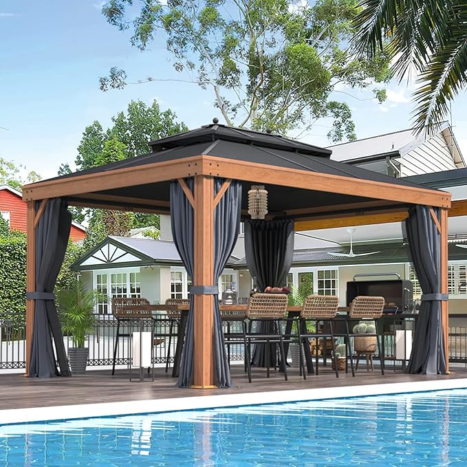 EROMMY 10'x13' Hardtop Gazebo Outdoor Aluminum Wood Grain Gazebos with Galvanized Steel Roof and Mosquito Net for Patios, Deck, Backyard, Curtains & Netting