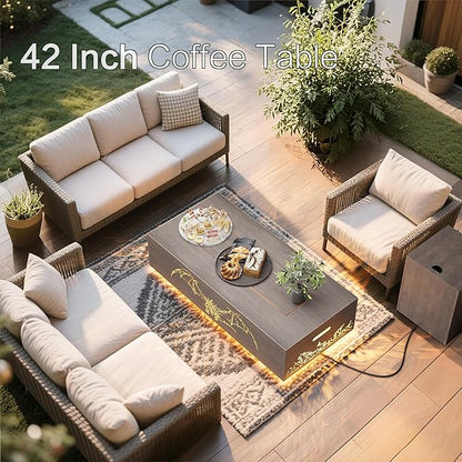 42" Outdoor Fire Pit Table, 50,000 BTU Gas Fire Pit with Glass Wind Guard, Fire Stones, Waterproof Cover, Propane Fire Pit Table for Outside Patio, Hollow-Out (Dragon, Brown)
