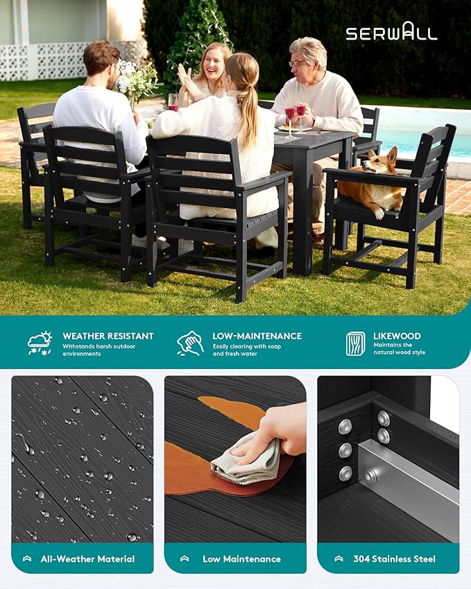 SERWALL Patio Dining Set for 6, Outdoor Dining Sets for 6 Person with 1 Umbrella Hole Cut-Out Rectangular Table and 6 Chairs, HDPE Dining Sets for Garden, Backyard, Poolside, Black