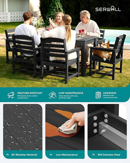 SERWALL Patio Dining Set for 6, Outdoor Dining Sets for 6 Person with 1 Umbrella Hole Cut-Out Rectangular Table and 6 Chairs, HDPE Dining Sets for Garden, Backyard, Poolside, Black