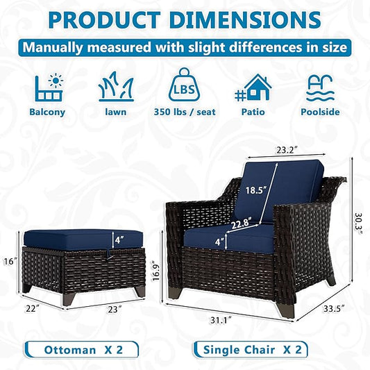 Vista Vibe 4 Pieces Outdoor Patio Conversation Furniture Set - 2 Luxurious Armchairs | 2 Wicker Ottomans, Removable Cushions, Hand-Woven PE Rattan, Office, Porch (Brown/Navy)